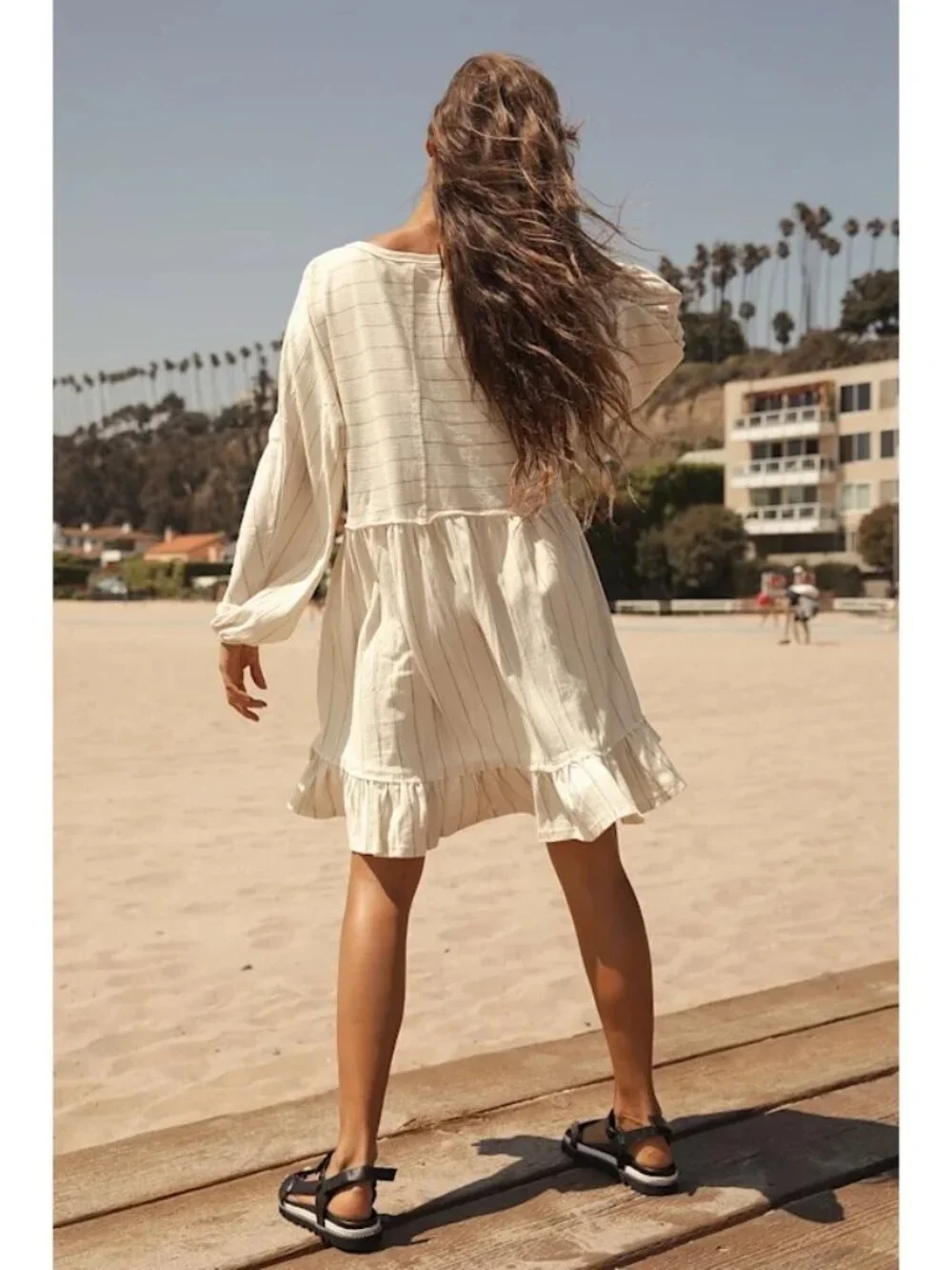 FP Beach April Cream Boho Striped Ruffle Hem Long Sleeve Tunic Mini Dress Sz S - Picture 4 of 10